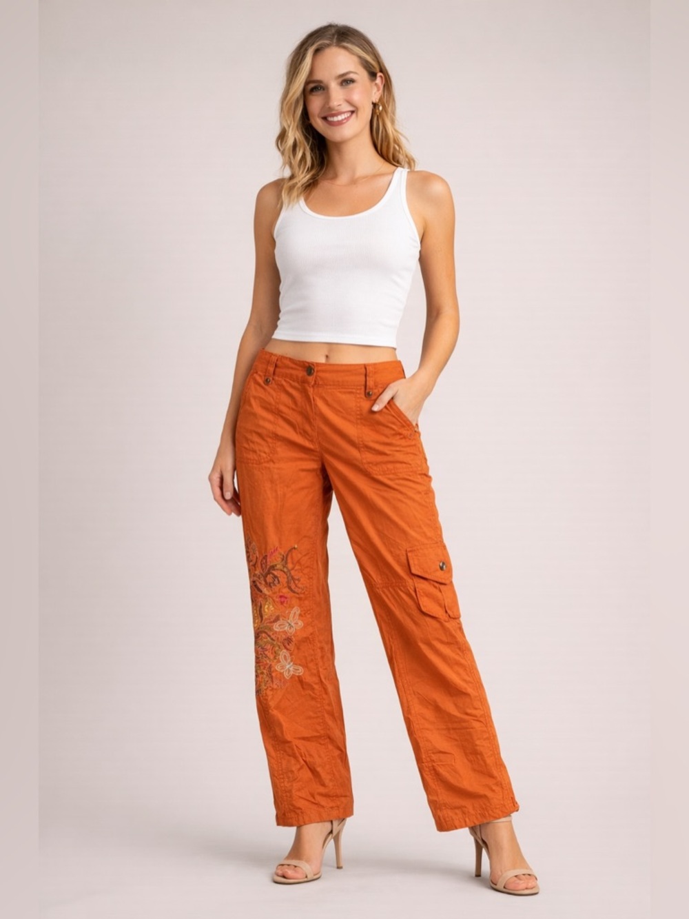 Embroidered Wide-Leg Cargo Pants in Orange by Poem
